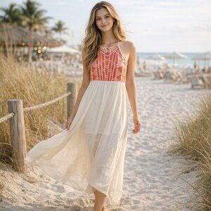 ✨ Jealous Tomato Halter Maxi Dress - XS, Coral Orange, Boho Tribal Print ✨